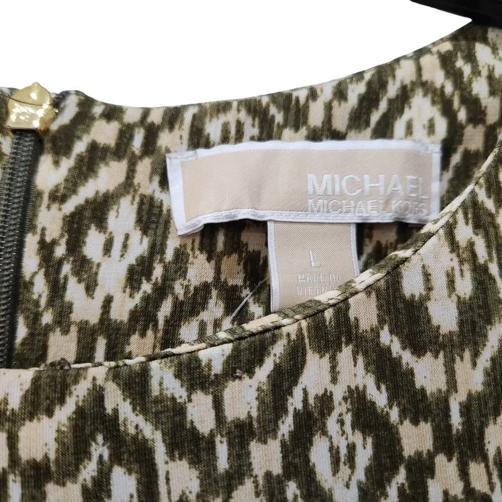 Michael Kors Green White Print Gathered Waist Dress Sz L